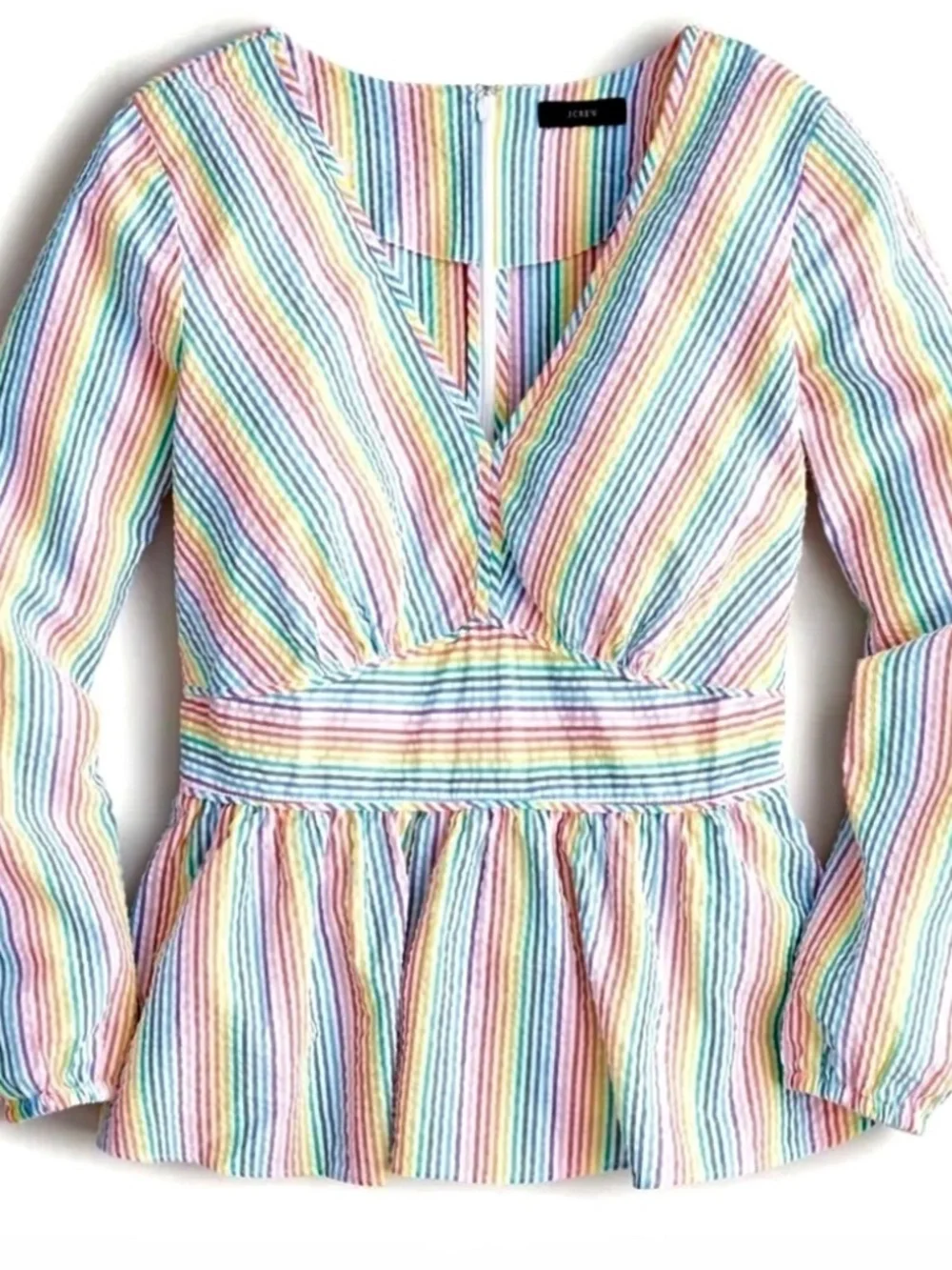 J. Crew V-Neck Peplum Cotton Top Rainbow Seersucker Stripes #AM647 Size 4/6 NWOT